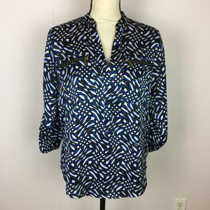 Michael Kors Blouse Top XS Womens Blue Geometric Satin Button Roll Tab Sleeve
